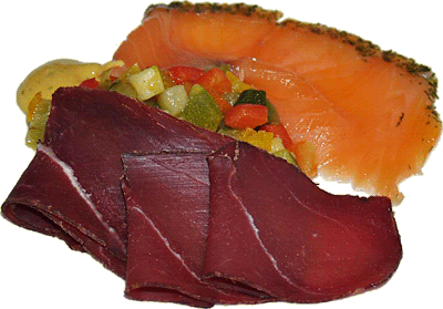 Thinly sliced air-dried venison and shaved gravlax